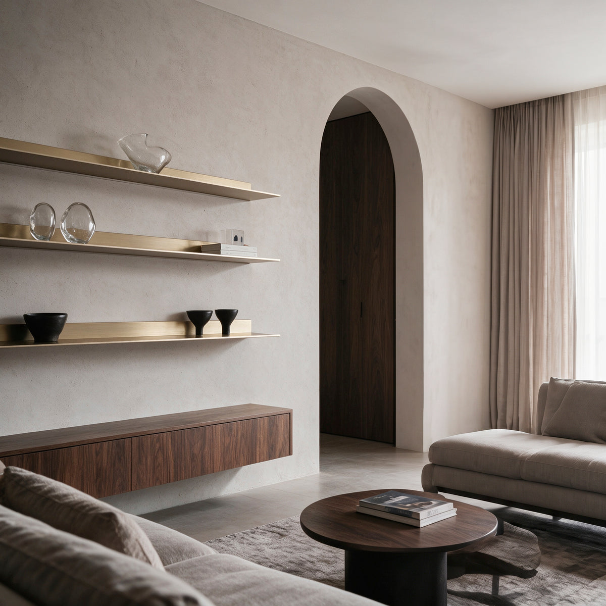 Two black aluminum floating display shelves in a recessed alcove, shown from a second angle