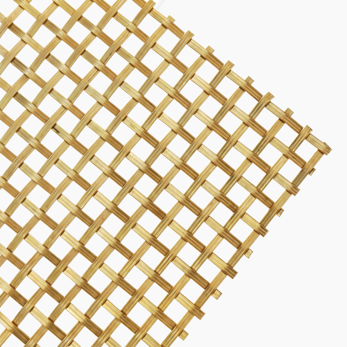 Gold-toned woven stainless steel decorative wire grille panel, close-up of interlocking flat metal bands and round wires