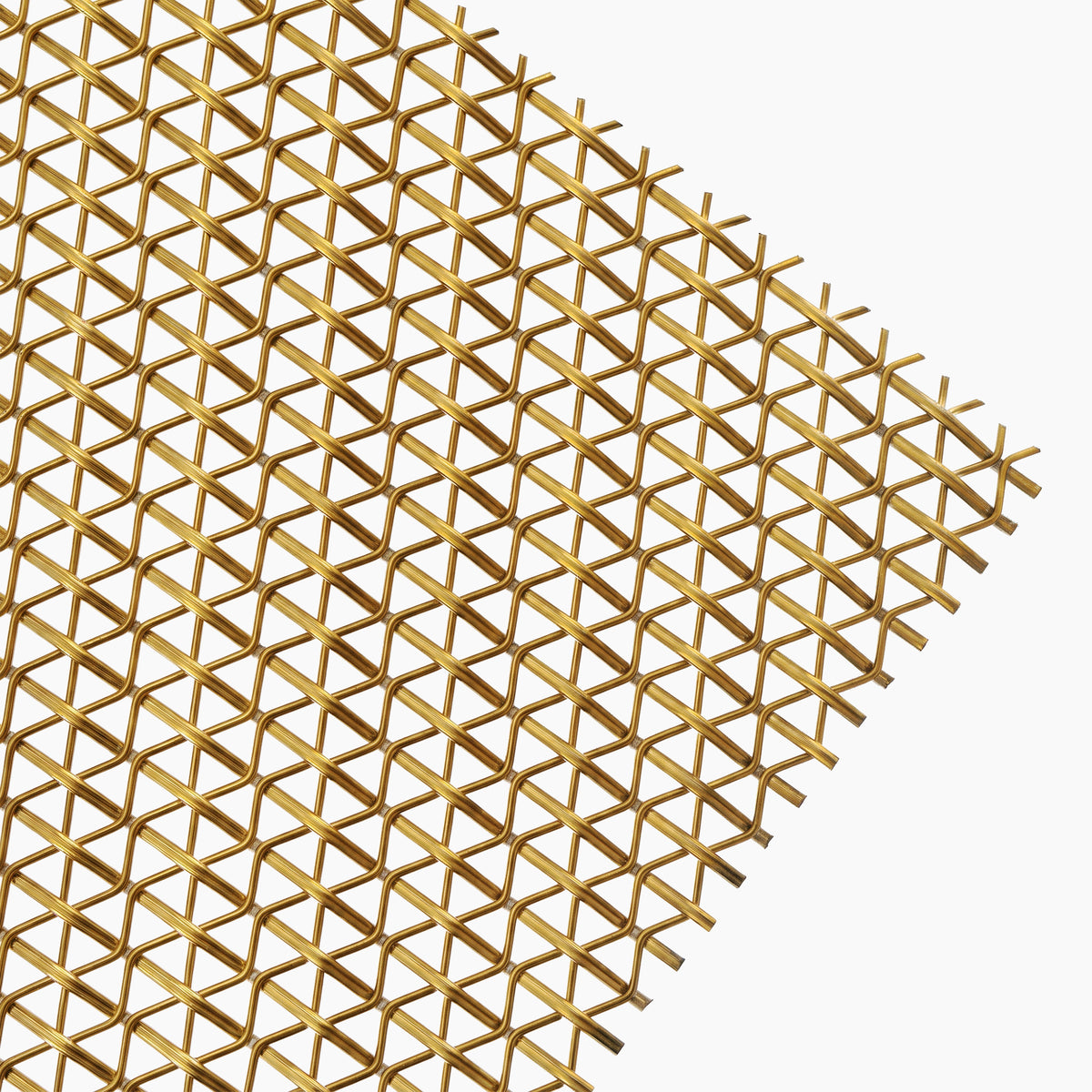 Gold-finish woven wire mesh panel with interlocking flat and round metal wires, shown corner-on against a white background